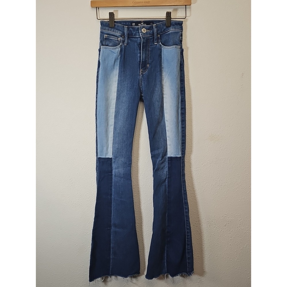 HOLLISTER HIGH-RISE MEDIUM‎ WASH PATCHWORK VINTAGE FLARE JEANS Size 00